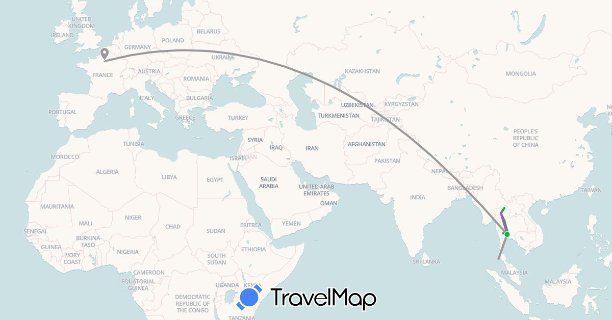 TravelMap itinerary: driving, bus, plane, train in France, Thailand (Asia, Europe)